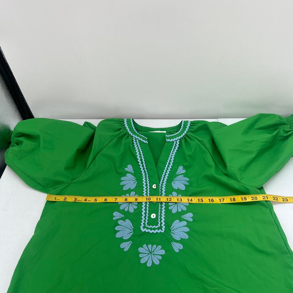 Entro Green Embroidered Tunic Top Womens Medium 3/4 Puff Sleeve Ric-Rac - Picture 7 of 11